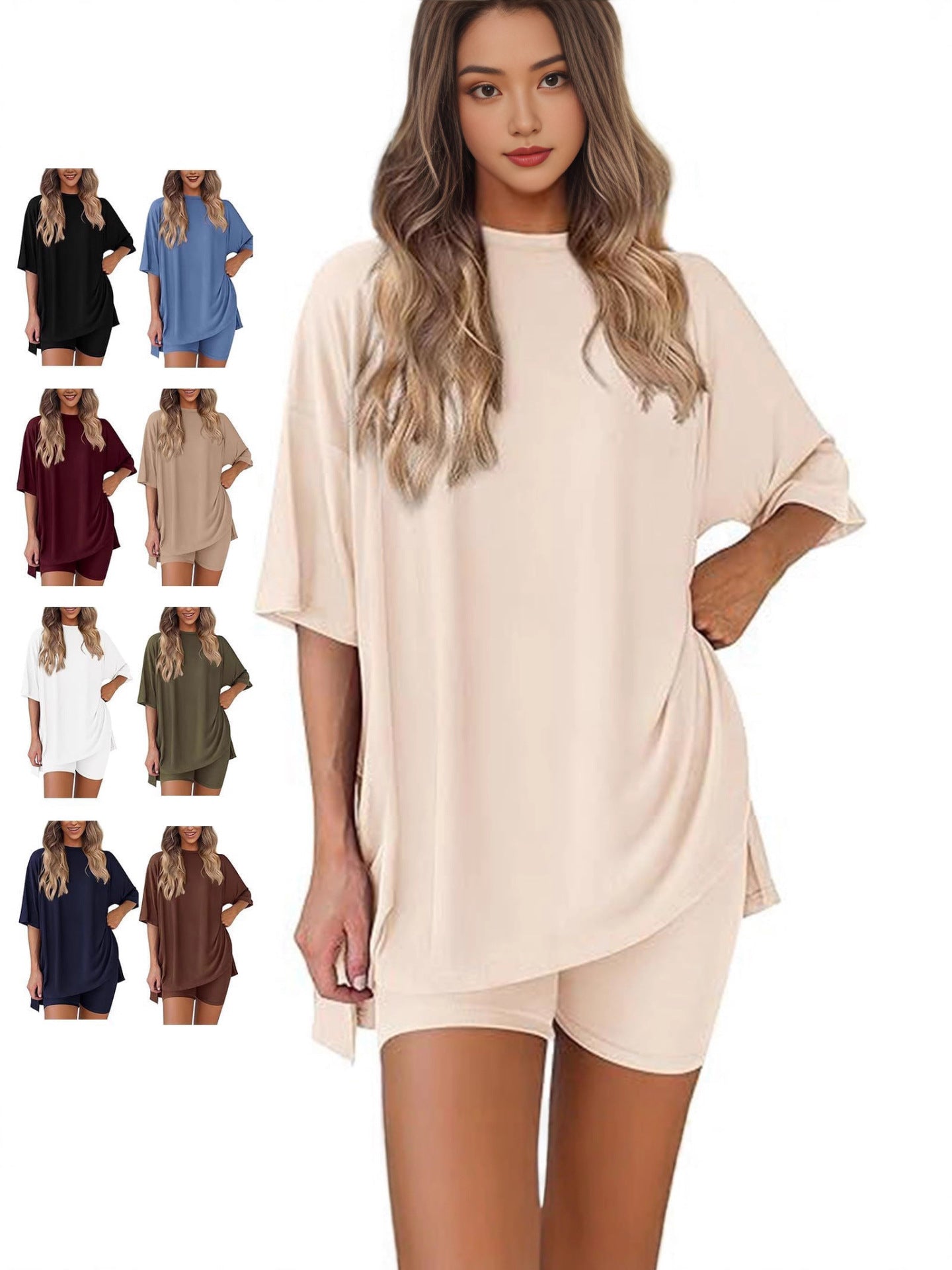 Women's Round Neck Short Sleeve T-Shirt and High Waist Shorts Set