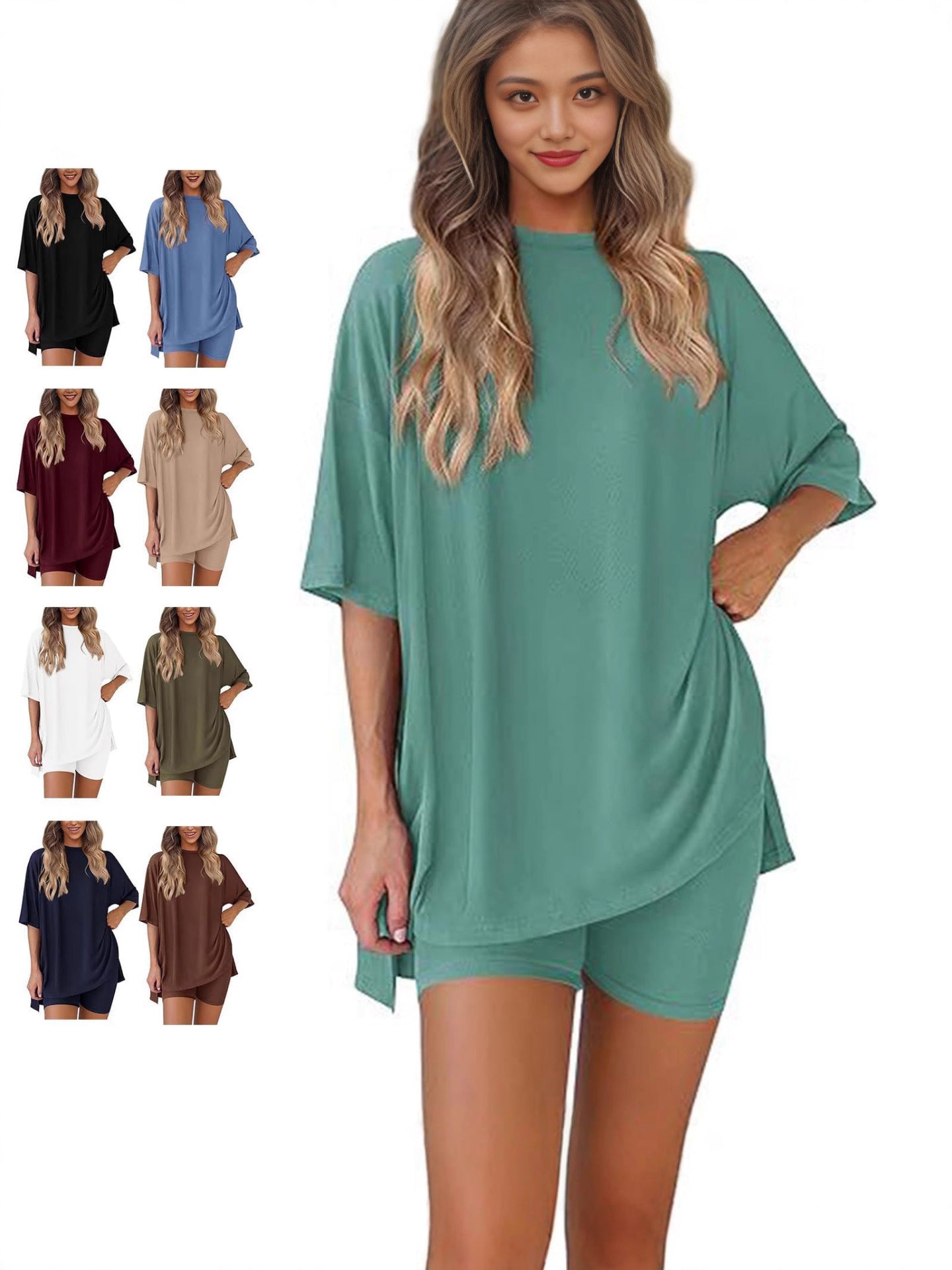 Women's Round Neck Short Sleeve T-Shirt and High Waist Shorts Set