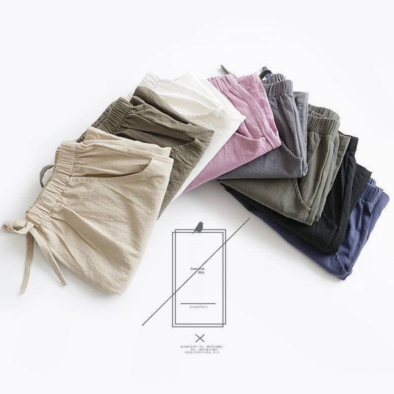 Summer loose wrinkled linen short pants for women