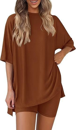 Women's Round Neck Short Sleeve T-Shirt and High Waist Shorts Set
