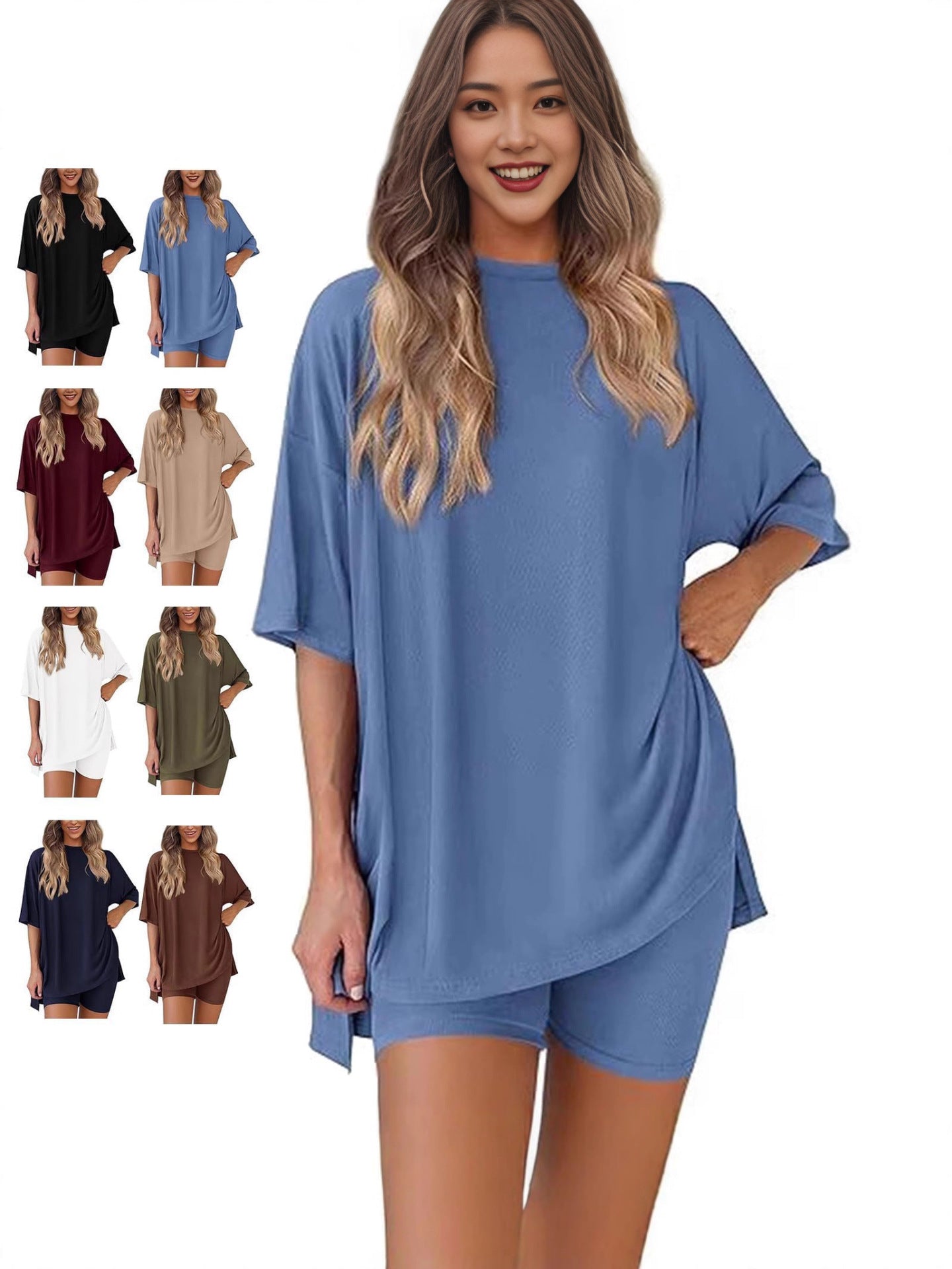 Women's Round Neck Short Sleeve T-Shirt and High Waist Shorts Set